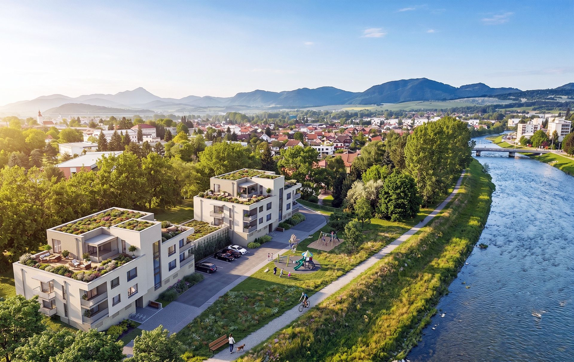 Vizualizácia projektu Petrovičovo nábrežie pri rieke Váh.